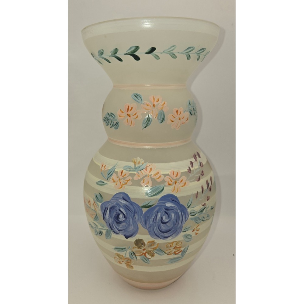 Vintage Frosted Vase Hand Painted Blue Roses Peach & Green Floral Hand Blown